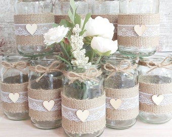 12 wedding jars, decorated jars, Hessian, burlap,white lace, rustic centrepiece,twine, vase, tealight country wedding table decor BRAND NEW