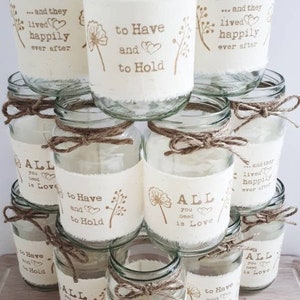 12 wedding jars, decorated jars. rustic hand printed, calico fabric centrepiece, twine vase tealight country wedding table decor BRAND NEW