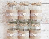12 wedding jars, decorated jars, Hessian, burlap,white lace, rustic centrepiece,twine, vase, tealight country wedding table decor BRAND NEW