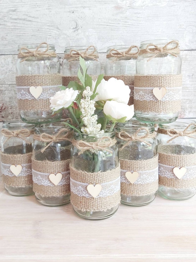 12 Wedding Jars Decorated Jars Hessian Burlapwhite Lace Etsy UK