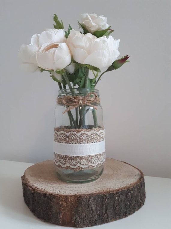 10 Decorated Wedding Jars Ivory Lace Hessian Ivory Ribbon Etsy