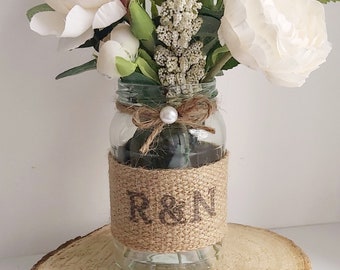 12 decorated wedding jars, personalised, hessian and pearl effect vase tealight Rustic handmade, twine,  glass centrepiece, wedding decor