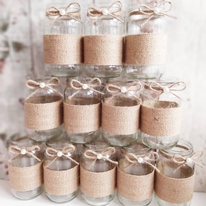 12 decorated wedding jars hessian and pearl vase tealight Rustic vintage handmade baby shower twine glass centrepiece decor