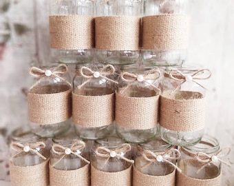 12 decorated wedding jars hessian and pearl vase tealight Rustic vintage handmade baby shower twine glass centrepiece decor