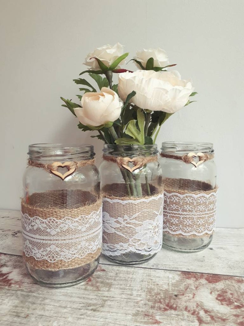 12 wedding jars decorated jars Hessian burlap mixed lace Etsy