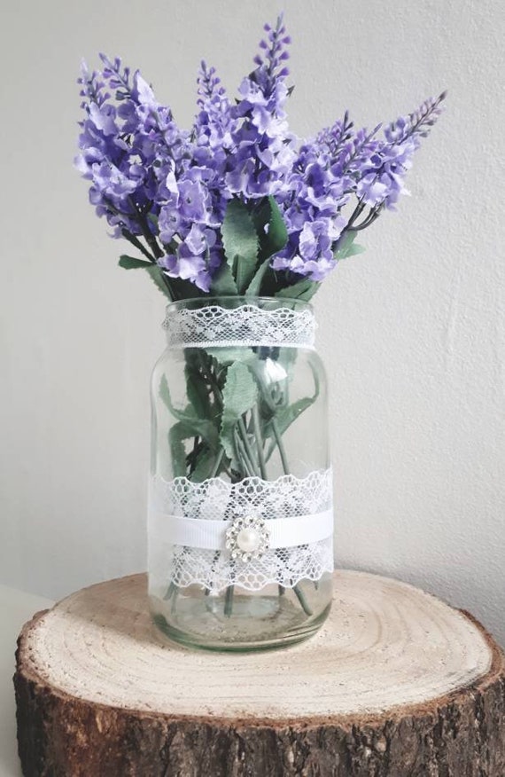 10 Decorated Wedding Jars White Lace And Pearl Ribbon Rustic Etsy