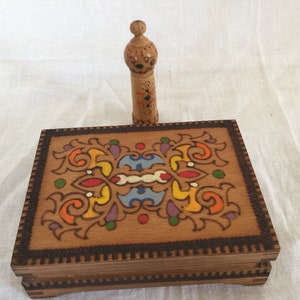 Hand Painted with Pyography Wooden Folk Art Box With Hand Painted Wood Piece Folk Art Box Wood Folk Art Box image 1