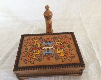 Hand Painted with Pyography Wooden Folk Art Box With Hand Painted Wood Piece - Folk Art Box - Wood Folk Art Box