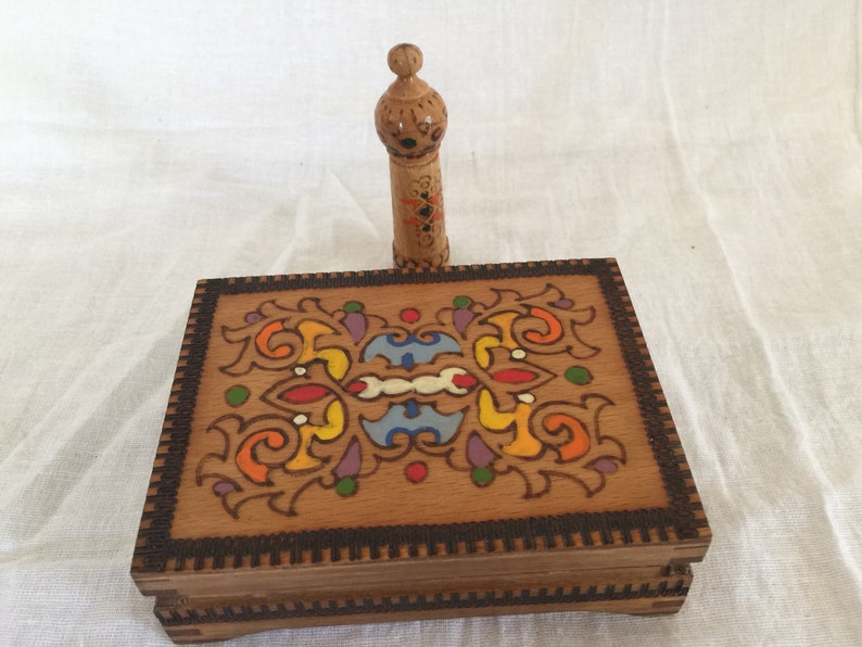 Hand Painted with Pyography Wooden Folk Art Box With Hand Painted Wood Piece Folk Art Box Wood Folk Art Box image 1