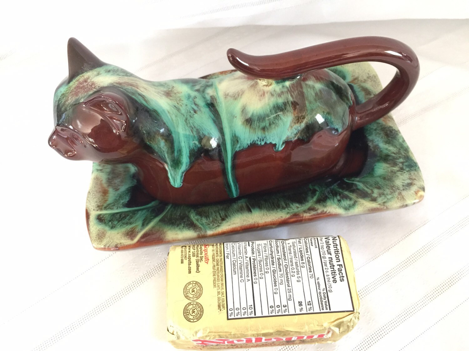 CCC Pottery Flame Glaze Cat Shaped Butter Dish , Rare Cat Figurine