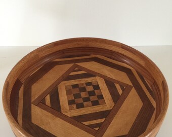 Handcrafted Footed Wood Bowl, Pieced Wood Design Centerpiece Bowl