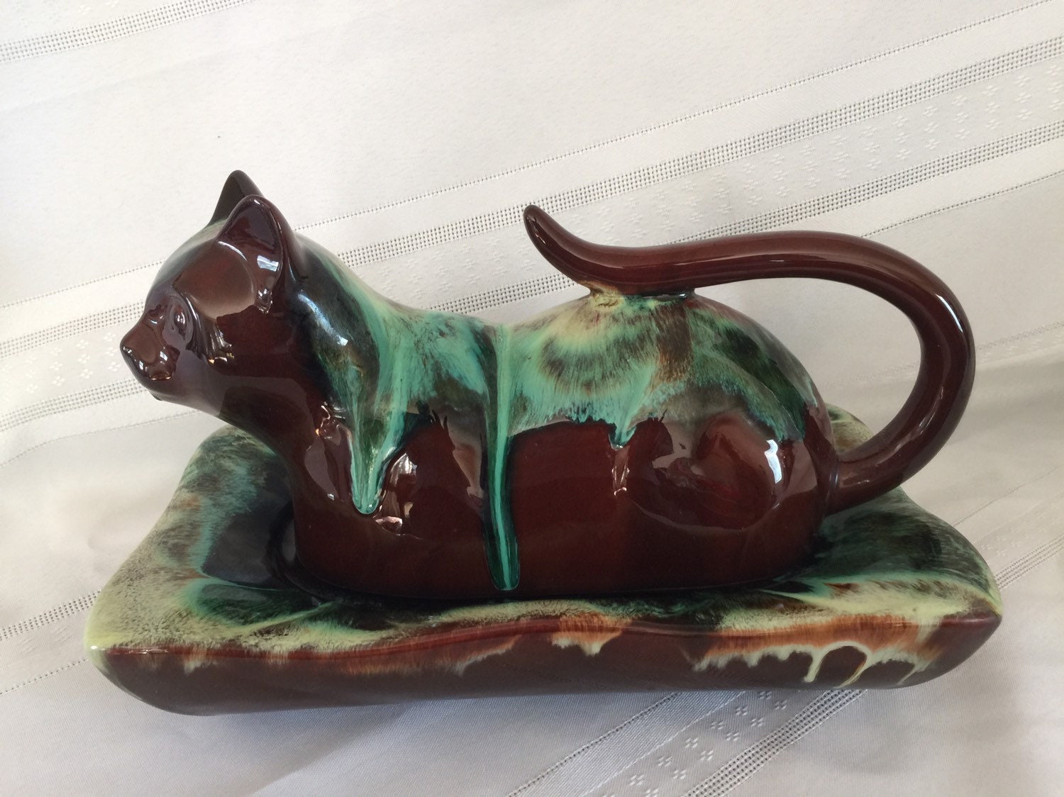 CCC Pottery Flame Glaze Cat Shaped Butter Dish , Rare Cat Figurine