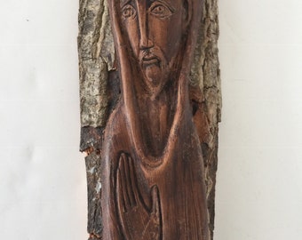 Vintage Religious Wood Carving on Tree Bark, Religious Plaque