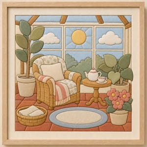 Pode incluir: Uma obra de arte têxtil emoldurada que retrata uma cena de solário com uma poltrona de vime, uma pequena mesa redonda com bule e chávena, plantas em vasos, um cesto com um pano e um tapete num chão de terracota perante uma janela.