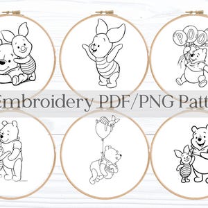 May include: Six embroidery patterns featuring Winnie the Pooh and Piglet in various poses. Each design is a black and white line drawing set within a wooden embroidery hoop. The text "6 Embroidery PDF/PNG Pattern" is displayed below the hoops.