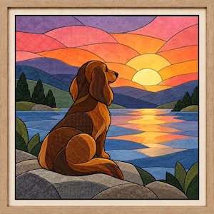 Puede incluir: Una pieza de arte mural cuadrada y enmarcada que presenta una ilustración estilizada de un perro marrón de pelo largo sentado en una orilla rocosa. La escena muestra un atardecer sobre un lago con montañas, pinos y un cielo en tonos naranja y violeta.