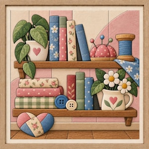 Op de afbeelding: Een ingelijste illustratie van twee houten planken met boeken, een potplant met hartvormige bladeren, een roze speldenkussen met stippen, een blauwe garenklos, een kan met madeliefjes, twee knopen en een hartvormige stoffen patch.