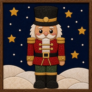 May include: A framed wall art piece featuring a nutcracker figure in a red jacket, green trousers, and black boots, wearing a black hat. The background is a dark blue night sky with gold stars and white dots, set above white snowy hills.