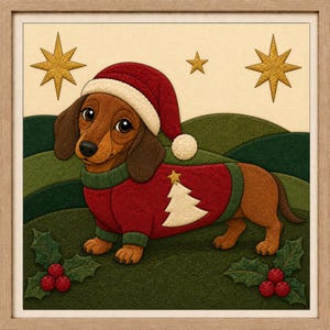May include: A framed wall art piece featuring a brown dachshund wearing a red Santa hat with a white pom-pom and a red sweater with a green trim and a white Christmas tree graphic. The background shows green hills, gold stars, and holly berries.