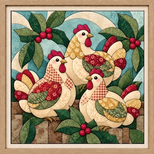 May include: A framed wall art piece featuring three chickens with patchwork-style patterns in shades of red, cream, and green. The chickens are positioned among green holly leaves and red berries against a light blue and cream background.