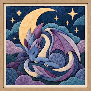 May include: A framed square wall art piece featuring a stylized illustration of a sleeping dragon curled within a large yellow crescent moon. The dragon has blue and purple textured scales, and the background consists of dark blue and purple clouds with several four-pointed yellow stars scattered throughout the night sky.