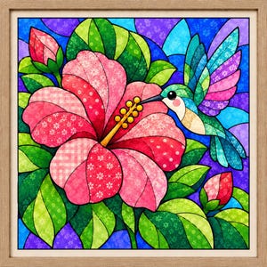 Hibiscus and Hummingbird Kinusaiga Pattern | 8x8 Fabric Art (Digital Download)