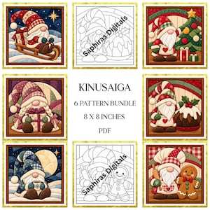 May include: A Kinusaiga 6 pattern bundle PDF featuring six square illustrations of gnomes in various holiday settings, including sledding, baking, and decorating, with two black and white line art templates and text 8 x 8 inches.