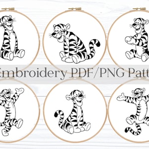 May include: Six embroidery patterns featuring the character Tigger from Winnie the Pooh. Each design is a black and white illustration of Tigger in different poses, set within a wooden embroidery hoop. The text "6 Embroidery PDF/PNG Pattern" is displayed.