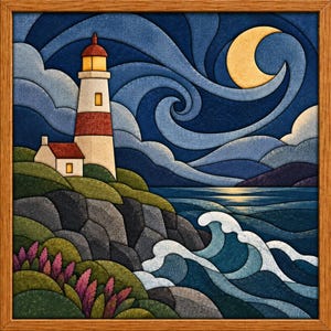 May include: A framed square wall art piece depicting a lighthouse on a rocky cliffside at night. The scene features a crescent moon, swirling dark blue clouds, a white and red lighthouse, a small house, and ocean waves with white foam.