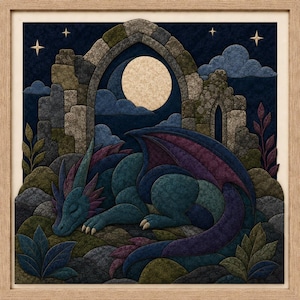 May include: A framed layered paper art piece depicting a teal and purple dragon sleeping on rocky ground. In the background, a full moon shines behind a stone archway ruin under a dark blue night sky with four-pointed stars and clouds.