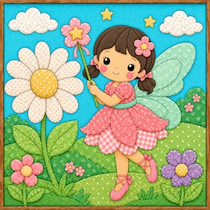 Peut inclure: Une illustration numérique d'une fée aux cheveux bruns en couettes, portant une robe à fleurs rose et des ailes vertes, tenant une baguette étoilée. La scène montre une grande marguerite blanche, une fleur violette, des collines et deux nuages.