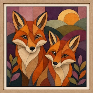 Könnte beinhalten: Ein gerahmtes quadratisches Wandbild mit einer stilisierten Illustration von zwei Füchsen in Orange-, Creme- und Brauntönen. Der Hintergrund zeigt hügelige Landschaften in Violett und Grün mit einer großen gelben Sonne und kleinen Blattzweigen.