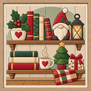 Op de afbeelding: Een ingelijste illustratie van twee houten planken met een hulstplant in een pot, vier boeken, een kabouter, een zwarte lantaarn, een stapel van drie boeken, een mok met een hartje, een kleine kerstboom, een cadeau en een geruite doek.