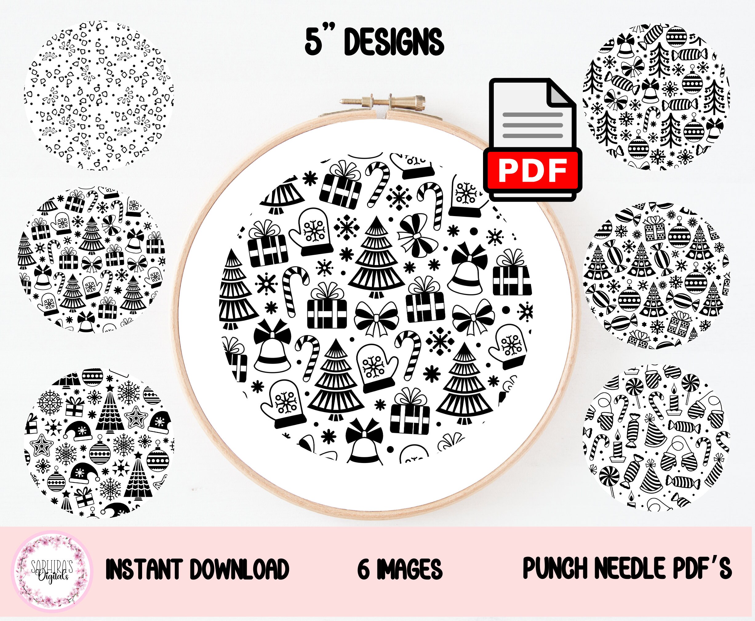 Christmas- Punch Needle PDF Pattern for Beginners - 5 Inches, 6 Designs ...