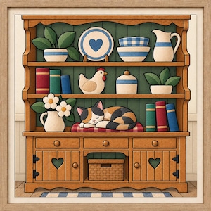 Può includere: Una credenza in legno a tre ripiani contenente una pianta in vaso, un piatto con motivo a cuore, ciotole, una brocca, libri, una statuetta di gallina, un barattolo con coperchio e un gatto calico che dorme su un cuscino a quadri rossi.