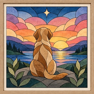 May include: A framed square wall art piece featuring a stained glass style illustration of a golden dog sitting and looking at a sunset over a lake. The scene includes layered clouds in shades of pink, orange, and blue, with a bright star above.