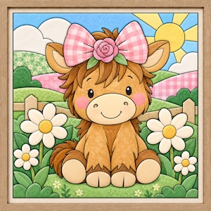 May include: A framed illustration of a brown Highland calf sitting in a green field with white daisies. The calf has a pink gingham bow and a pink rose on its head. The background features rolling green hills, a wooden fence, and a yellow sun.