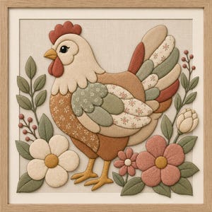 Puede incluir: Una pieza de arte mural de tela enmarcada que presenta un aplique dimensional de una gallina en tonos beige, marrón y verde salvia con patrones florales. La gallina está rodeada de flores de tela, hojas verdes y pequeñas bayas rojas.