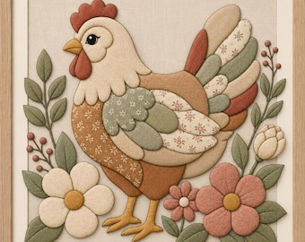 May include: A framed fabric wall art piece featuring a dimensional applique of a chicken in shades of tan, brown, and sage green with floral patterns. The chicken is surrounded by fabric flowers, green leaves, and small red berries on a cream background.
