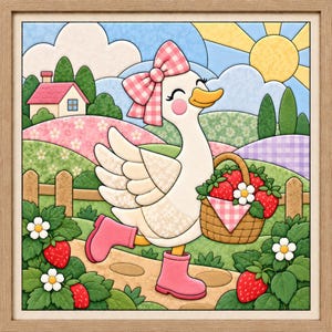 Strawberry Picking Goose  Kinusaiga Pattern  8x8 Fabric Art (Digital Download)