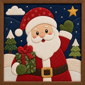 Puede incluir: Un cuadro de tela enmarcado con una aplicación de fieltro en capas de Santa Claus saludando. Santa viste un gorro y abrigo rojos, sosteniendo una caja de regalo verde con un lazo rojo sobre un fondo de cielo nocturno azul oscuro con nieve.