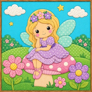 Peut inclure: Une illustration numérique d'une fée blonde avec une couronne de fleurs et une robe violette assise sur un grand champignon rose. La scène comprend un ciel bleu vif, des nuages blancs, des étoiles jaunes, des collines vertes et des fleurs colorées.