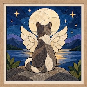 Può includere: Un'opera d'arte murale quadrata incorniciata che presenta un'illustrazione in stile vetrata di un gatto alato seduto su una roccia. Il gatto è visto da dietro, sagomato contro una grande luna pallida, un cielo notturno stellato e un lago.