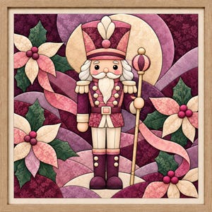 May include: A framed square wall art piece featuring a central nutcracker figure in shades of burgundy, pink, and cream. The nutcracker holds a staff and is surrounded by stylised poinsettia flowers and swirling ribbons in a decorative pattern.