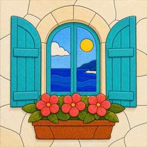 Puede incluir: Una pieza de arte mural que muestra una ventana arqueada con contraventanas de color azul brillante abiertas, revelando una vista del mar azul, un sol amarillo y una nube blanca. Debajo de la ventana hay una jardinera marrón con tres flores rojas y hojas verdes.