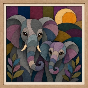 May include: A framed wall art print featuring a stylised illustration of an adult elephant and a calf. The elephants are composed of segmented, multi-coloured patches in shades of grey, purple, and blue, set against a background of hills and a sun.