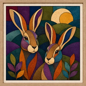 May include: A framed square wall art print featuring two stylized rabbits in a stained-glass aesthetic. The rabbits are rendered in shades of brown, blue, and purple, set against a geometric background of rolling hills and a yellow sun.