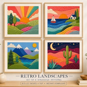 May include: A set of four landscape art prints featuring fabric-textured patterns. The images depict a sunrise over hills, a sailboat near a house at sunset, snow-capped mountains with a lake, and a desert scene with a cactus under a crescent moon.