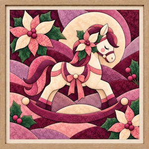 Könnte beinhalten: Ein gerahmtes Wandbild mit einem stilisierten Schaukelpferd in Creme-, Rosa- und Burgundertönen. Das Pferd ist mit einer Schleife und Weihnachtssternen verziert, vor einem Hintergrund aus abstrakten Formen, Stechpalmenblättern und roten Beeren.