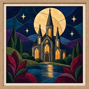 May include: A square framed wall art piece featuring a stained glass style illustration of a gothic church at night. A large golden moon glows behind the church, which has illuminated yellow windows. The scene includes dark blue sky, stars, and foliage.